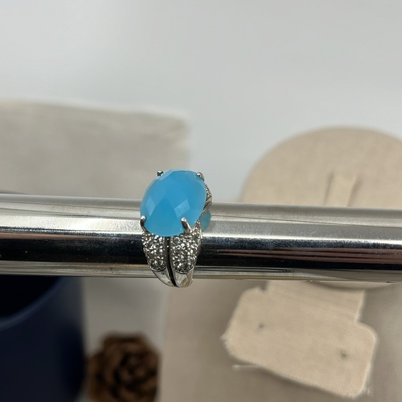 💎 925 Sterling Silver Blue Chalcedony & CZ Ring - Size 7, Thailand - Picture 11 of 14